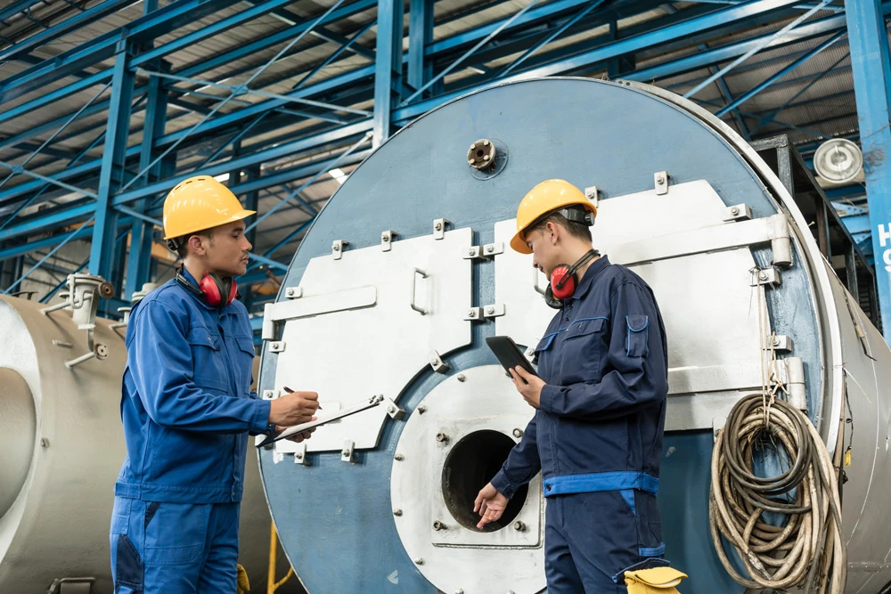 Asian expert checking the quality requirements of manufactured industrial steam boilers