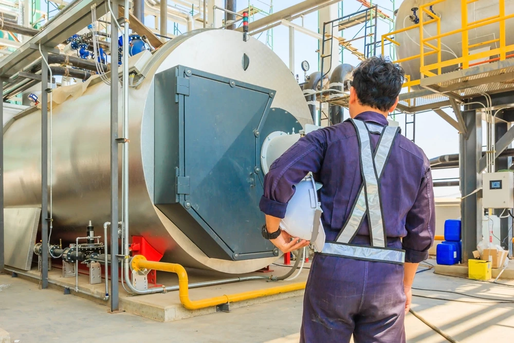 Maintenance engineer working with gas boiler of heating system equipment in a boiler room